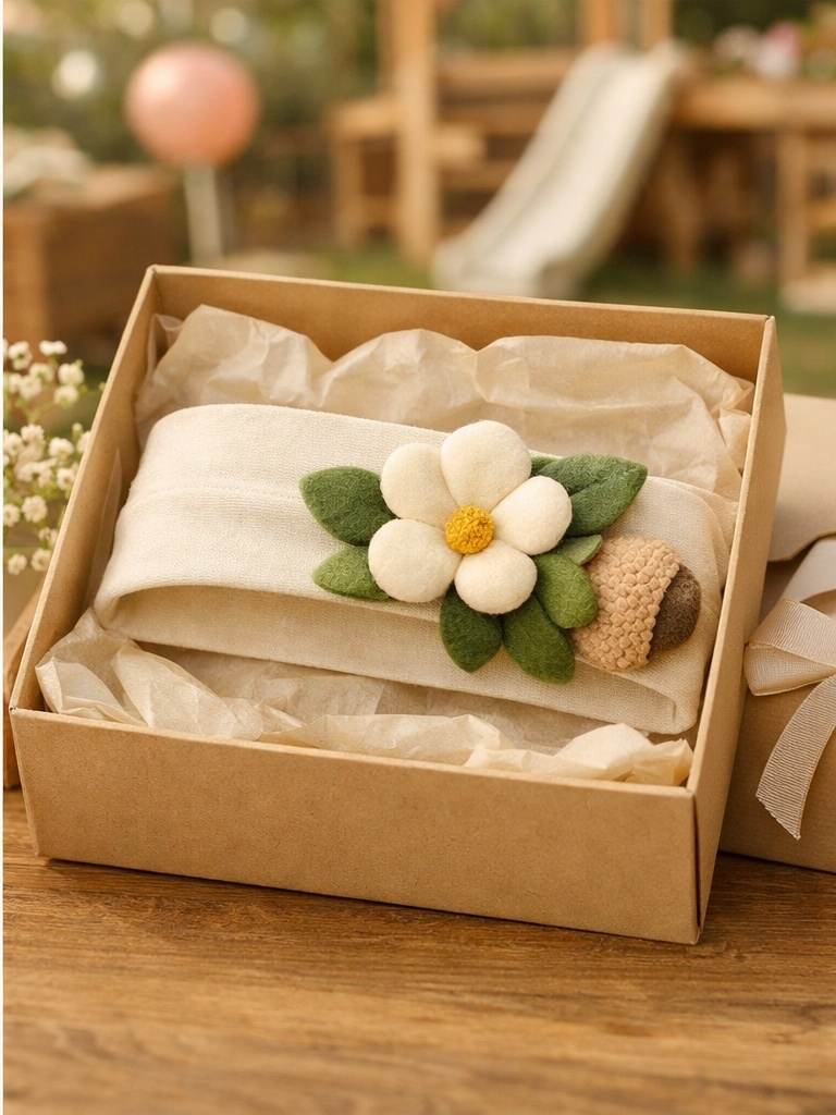 Daisy & Acorn Baby Headband – Nature-Inspired Felt Design for Gift Packaging