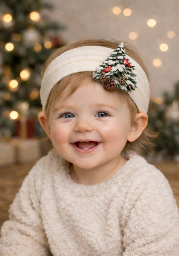 Faixa de cabelo de bebê com árvore de Natal nevada – Favorita entre os clientes B2B pelo design exclusivo e alto valor decorativo
