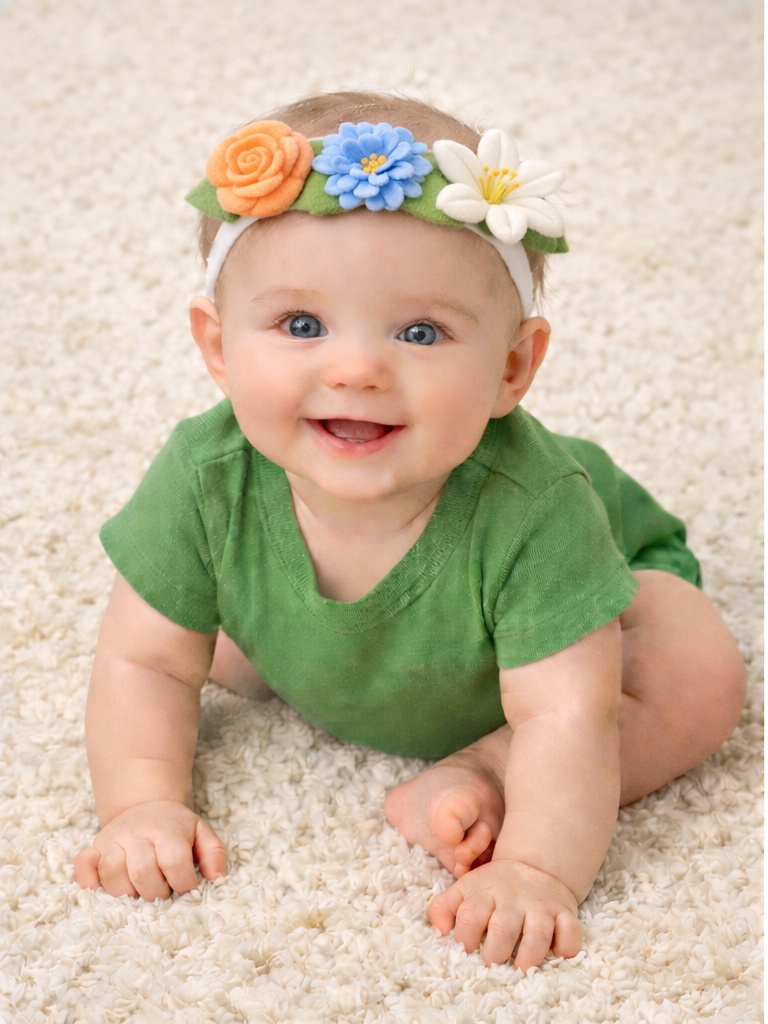 Bandeau bébé fleuri – rose pêche, fleur bleue et lys blanc