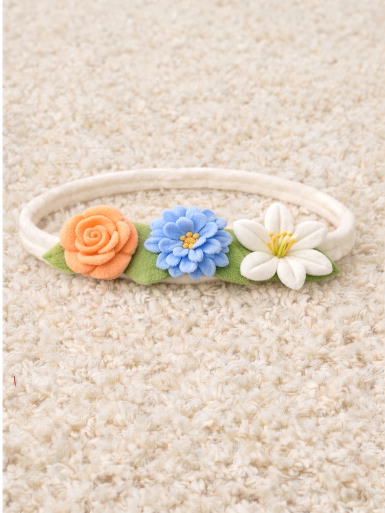 Bandeau bébé fleuri – rose pêche, fleur bleue et lys blanc