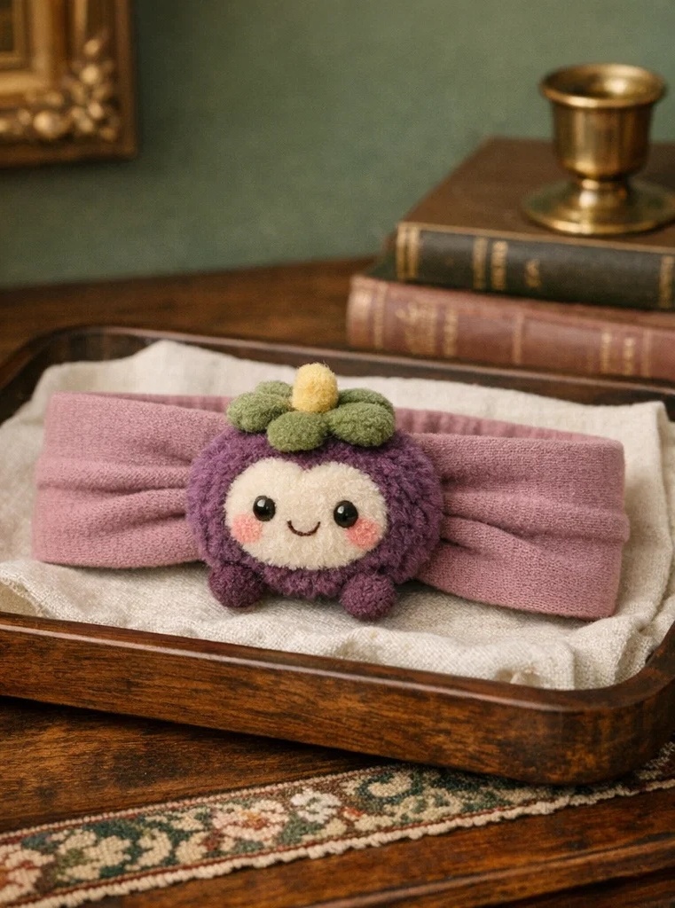 Charming Purple Plush Baby Headband with Soft Fruit and Green Leaves - Comfortable and Cute