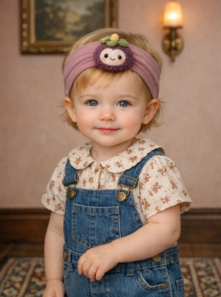 Charming Purple Plush Baby Headband with Soft Fruit and Green Leaves - Comfortable and Cute