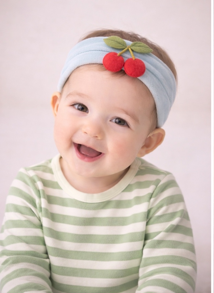 Cherry Baby Headband – Classic Red Design with Green Leaf Detailing