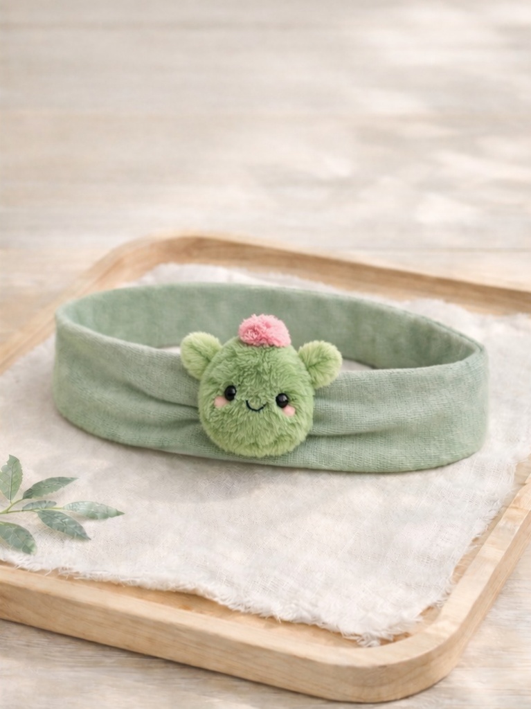 Custom Green Bear Baby Headband Soft Plush Cartoon Doll Head Wrap for Baby Bath and Skincare