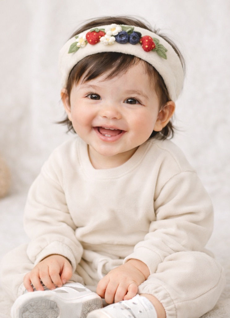 Minimalist Cream Baby Headband with Strawberry & Blueberry Plush – Cozy & Elegant