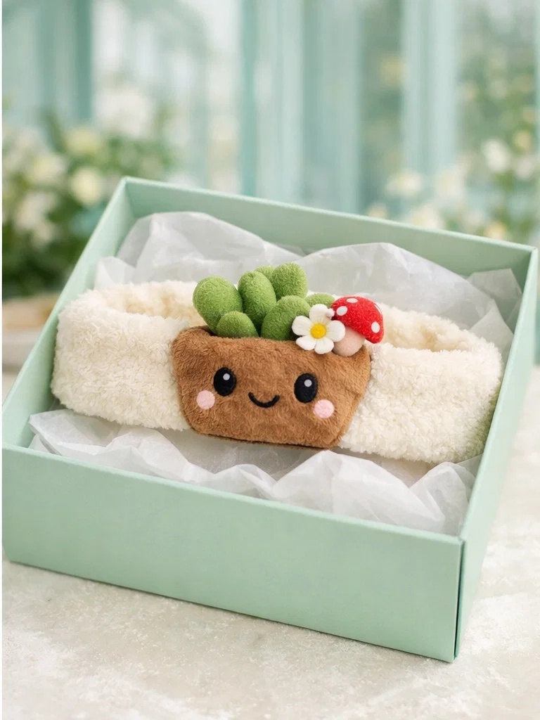 Cartoon Plant Pot Baby Headband with Mushroom – Adorable Plush Hairband for Baby Boutiques
