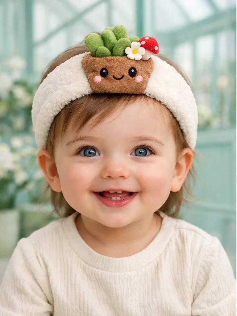 Cartoon Plant Pot Baby Headband with Mushroom – Adorable Plush Hairband for Baby Boutiques