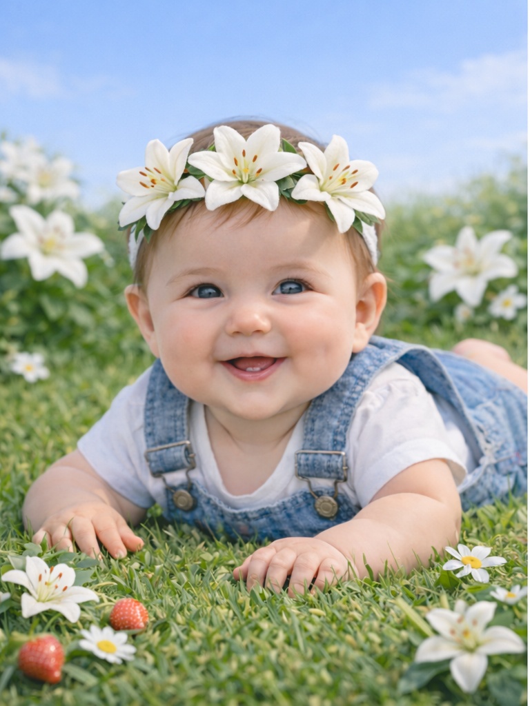 Bentiță elegantă pentru bebeluși cu crini albi – accesoriu floral de lux