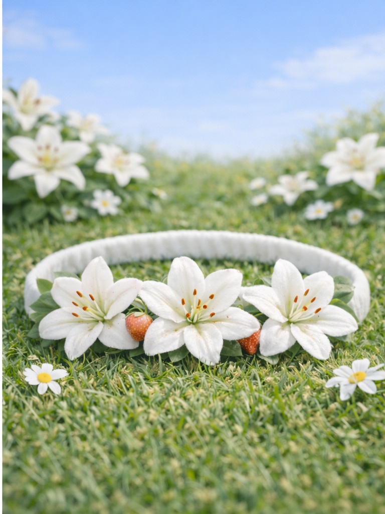 Bentiță elegantă pentru bebeluși cu crini albi – accesoriu floral de lux