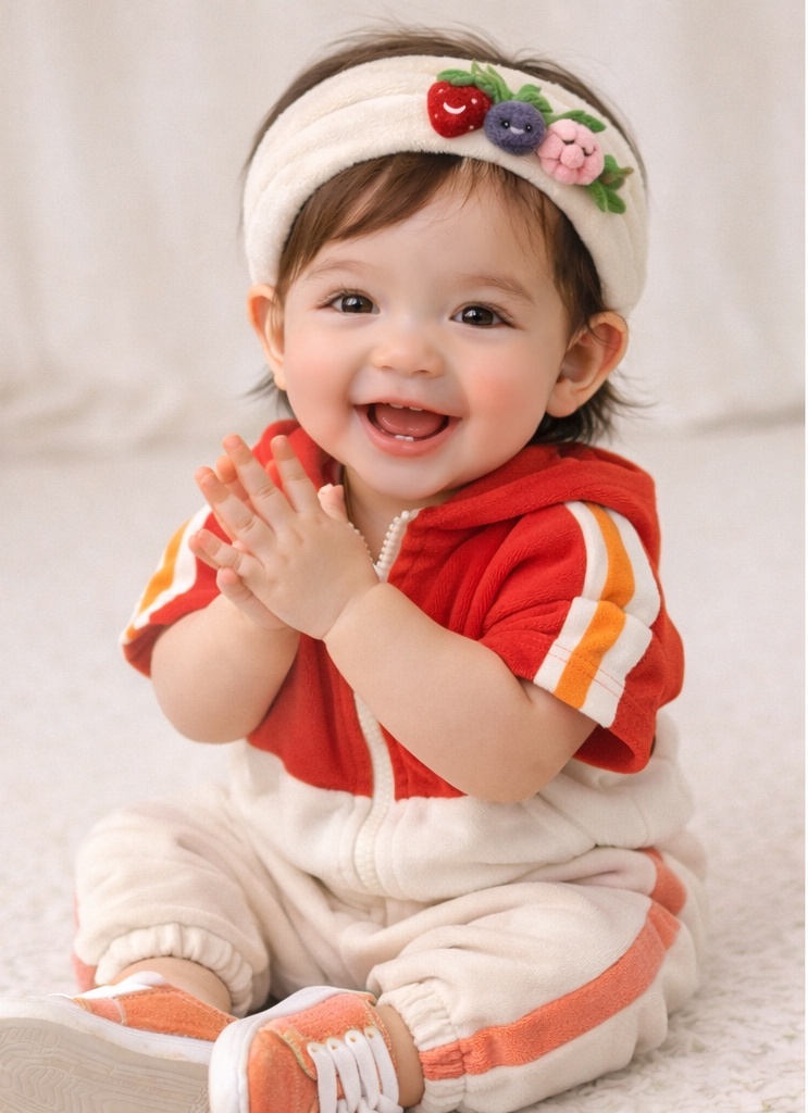 Red Hoodie Baby Headband Set with Cherry Plush – Sporty & Cute for Baby Outfits