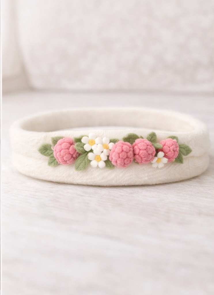 Floral Raspberry Baby Headband in Cream Fleece – Sweet and Lightweight for All Seasons