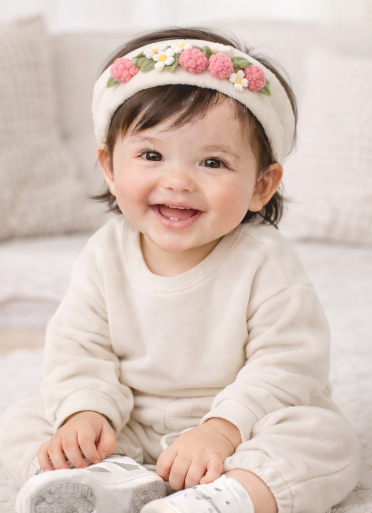 Floral Raspberry Baby Headband in Cream Fleece – Sweet and Lightweight for All Seasons