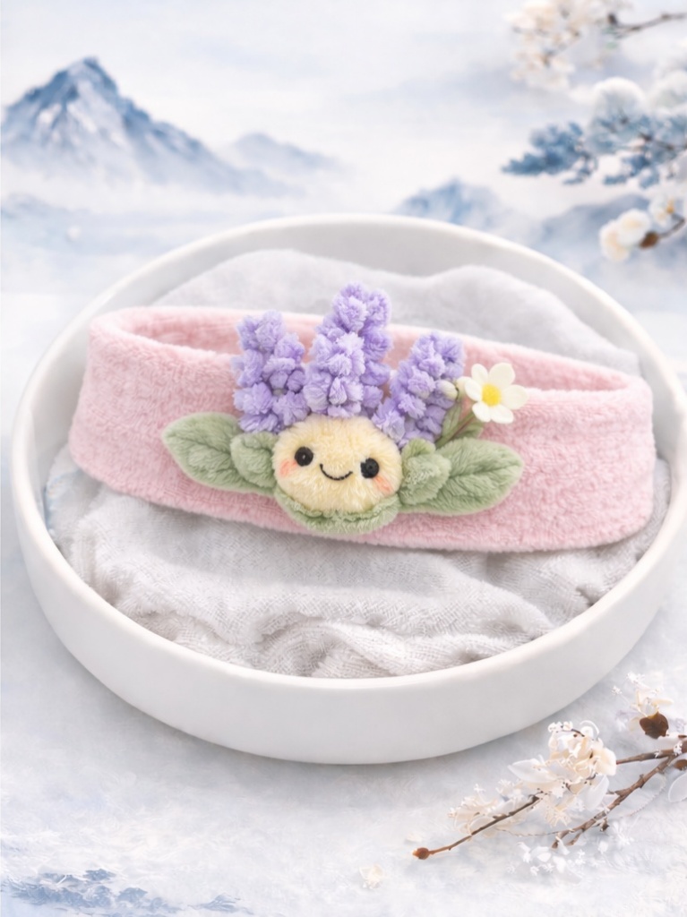OEM Pink Lavender Baby Headband Plush Cartoon Doll Face Wash Headband for Infants