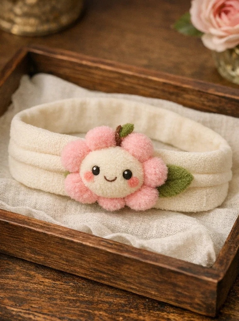 Adorable Pink Plush Baby Headband with Cute Flower and Leaf Design - Ideal for Newborn Girls