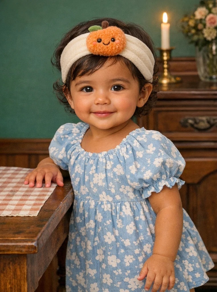 Fluffy Pink Plush Baby Headband with Flower and Fruit Design - Perfect Gift for Babies