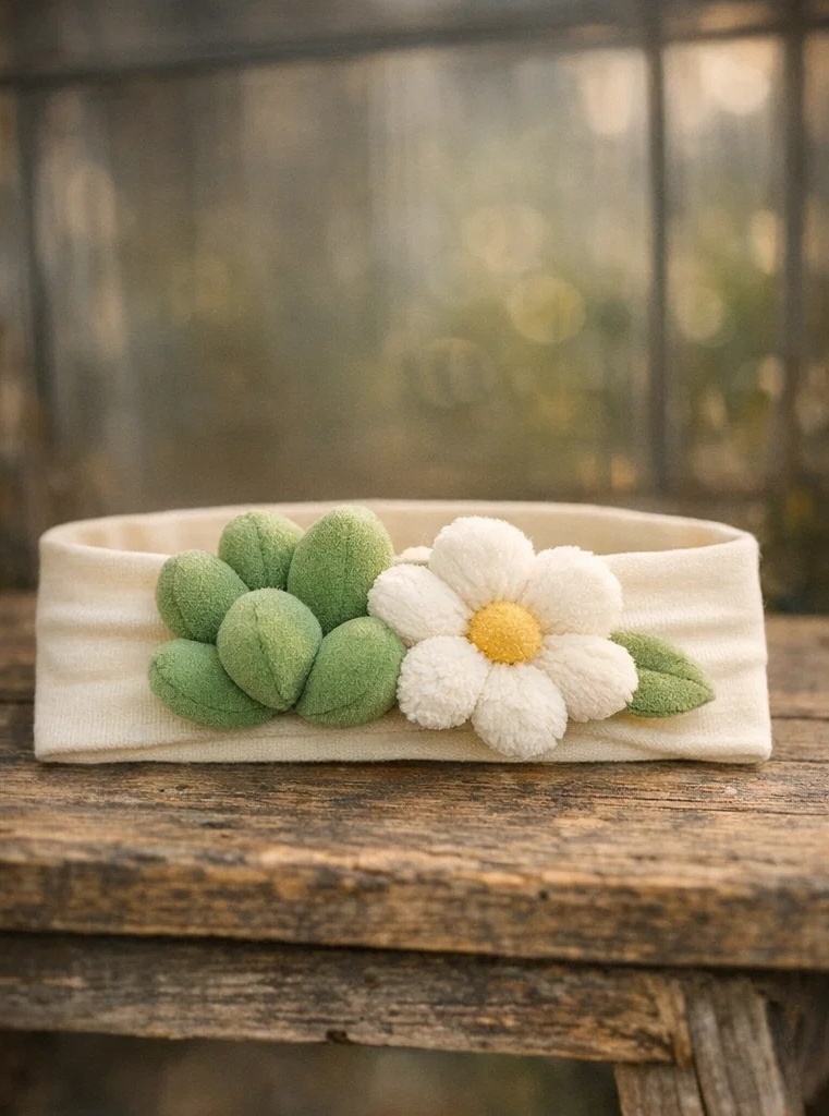 Faixa de cabelo para bebê preferida por clientes B2B com margarida e bolota em estilo natural