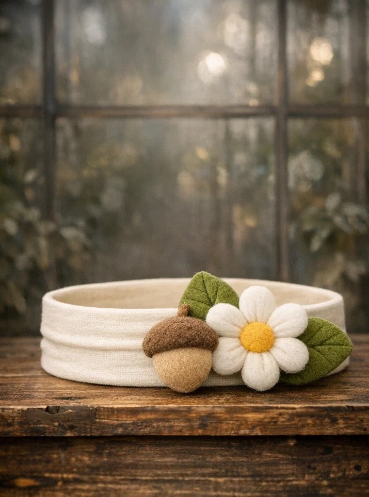 Bandă pentru bebeluși apreciată de clienții B2B cu margaretă și ghindă în stil natural