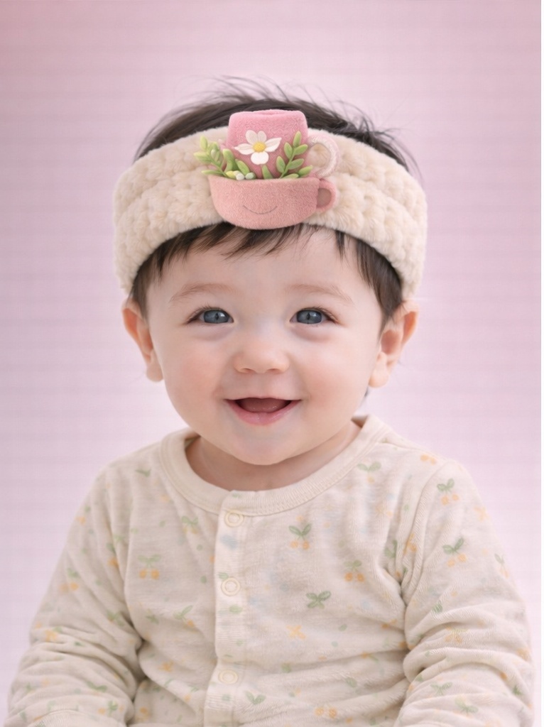 Diadema para bebé con taza rosa y flores – Suave, adorable y perfecta para regalo
