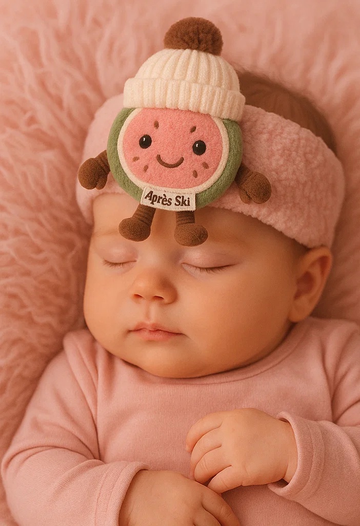 Bandeau bébé en peluche fruit rose avec feuille verte – Adorable accessoire capillaire pour nourrisson