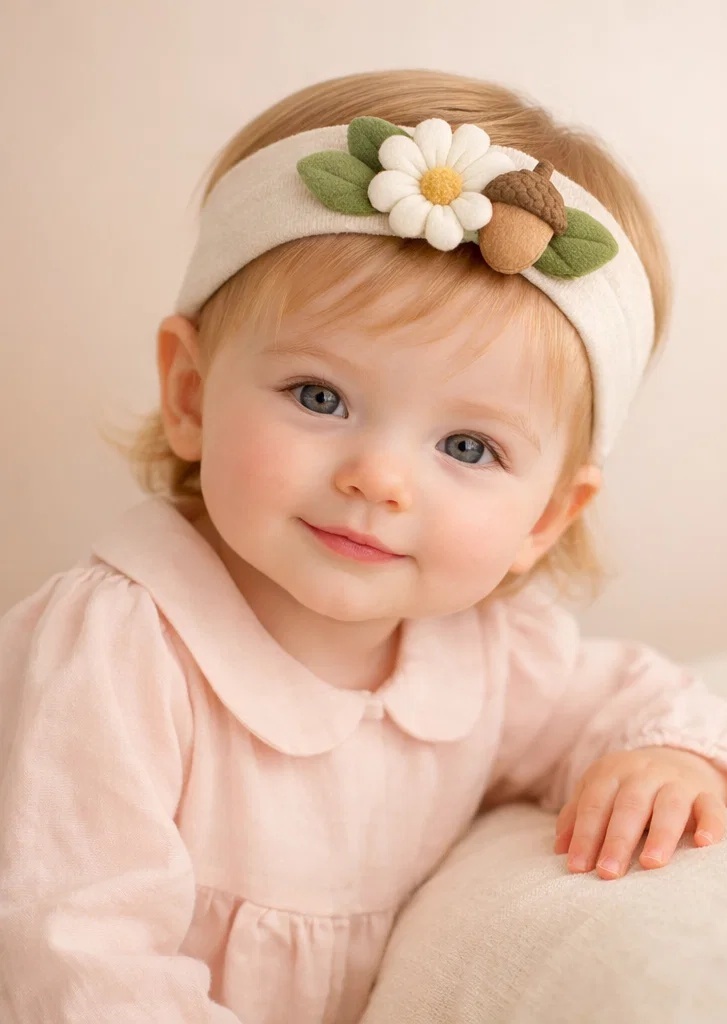 Baby-Stirnband mit Blume und Eichel aus Plüsch für B2B-Käufer und Boutiquen