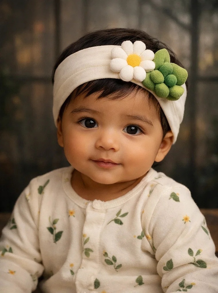 Bandeau bébé floral apprécié des acheteurs B2B avec succulente, fleur blanche et gland