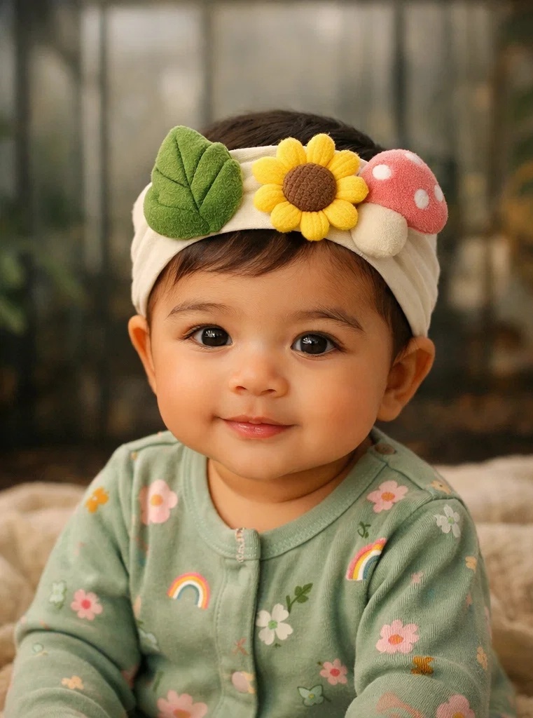 Faixa de cabelo para bebê preferida por clientes B2B com flor amarela e cogumelo rosa