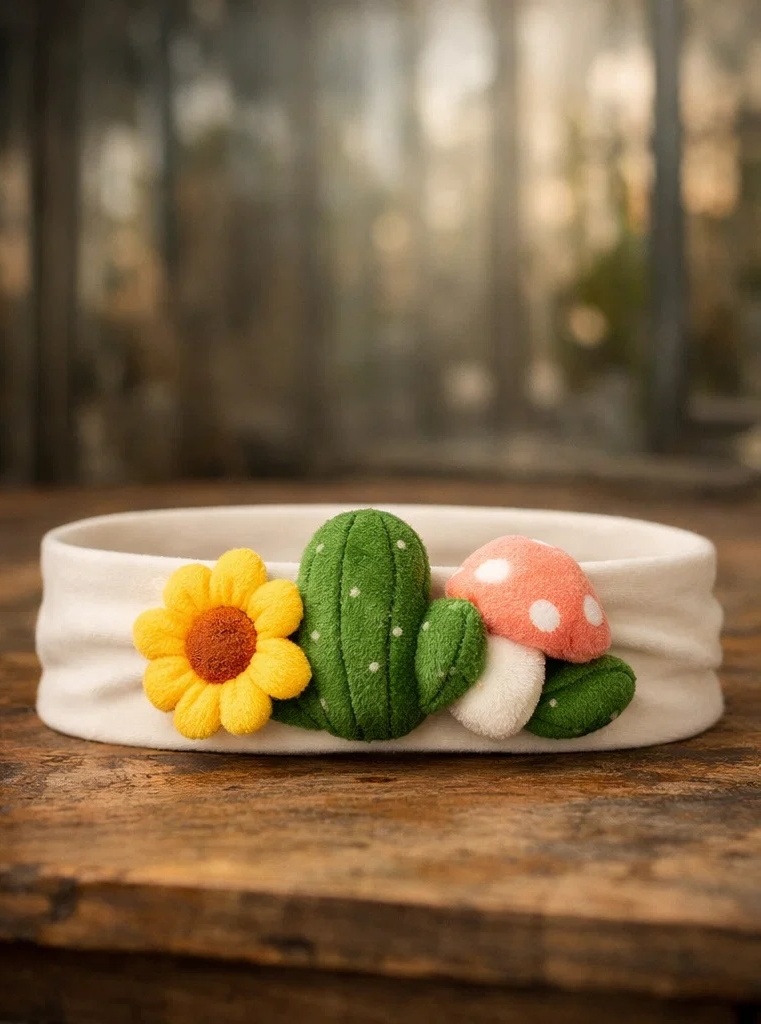 Bandă pentru bebeluși apreciată de clienții B2B cu margaretă, cactus și ciupercă portocalie
