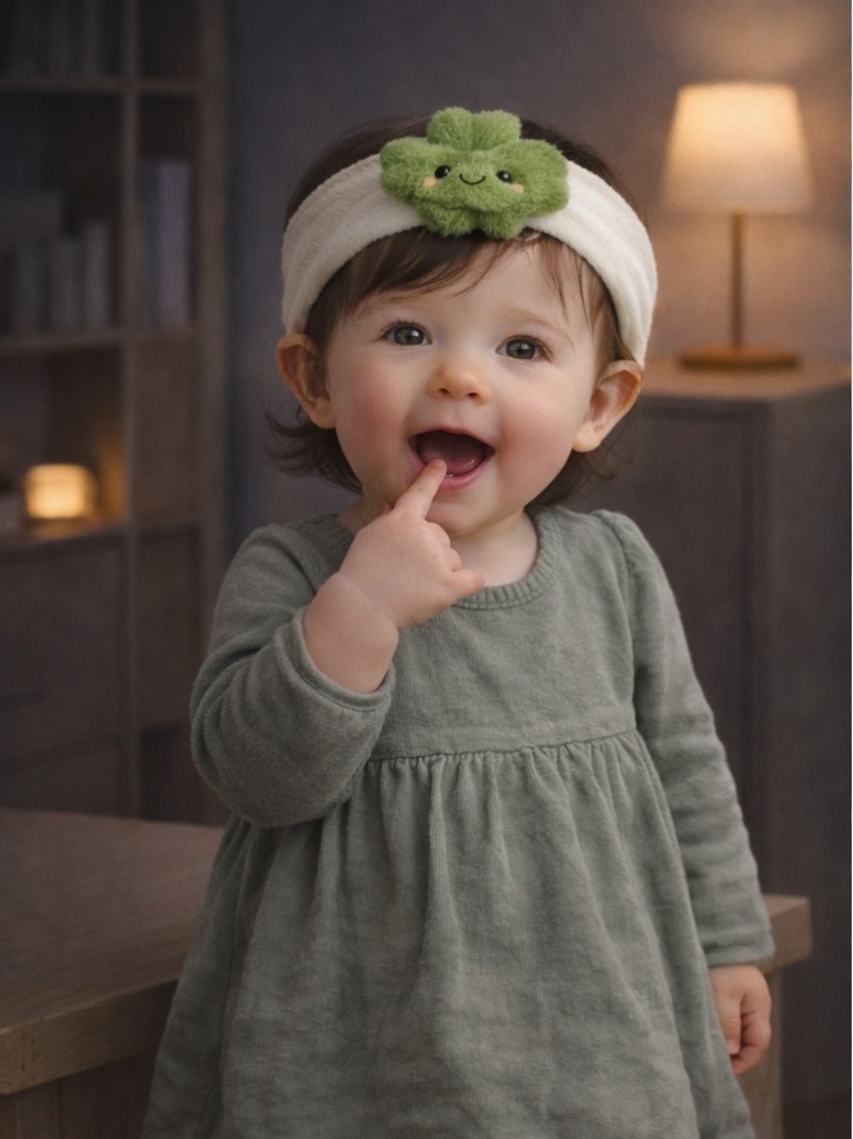 Custom Green Clover Baby Headband Soft Plush Cartoon Doll Head Wrap for Infant Collections