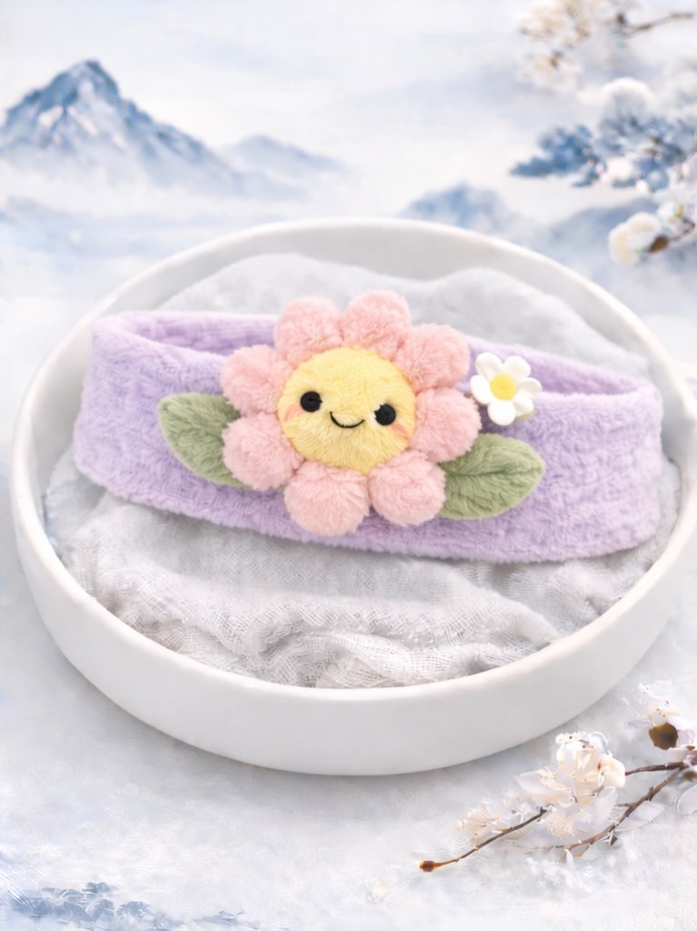 Wholesale Lavender Pink Flower Baby Headband Soft Plush Cartoon Doll Elastic Head Wrap