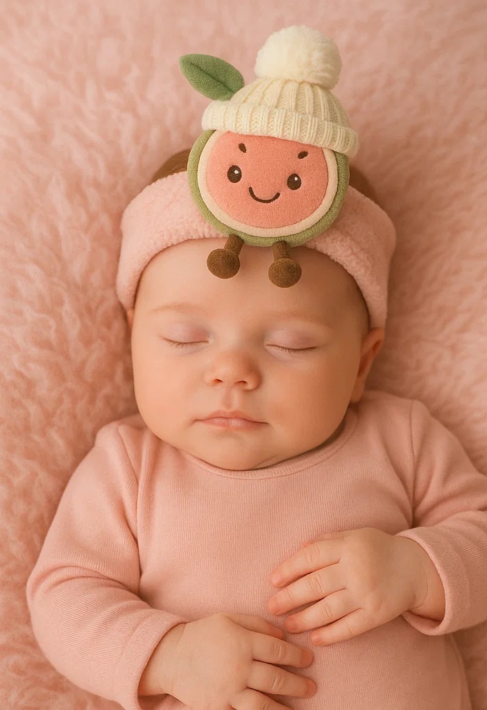 Rosa Obst-Plüsch-Baby-Stirnband mit grünem Blatt – Niedliches Cartoon-Haaraccessoire für Babys