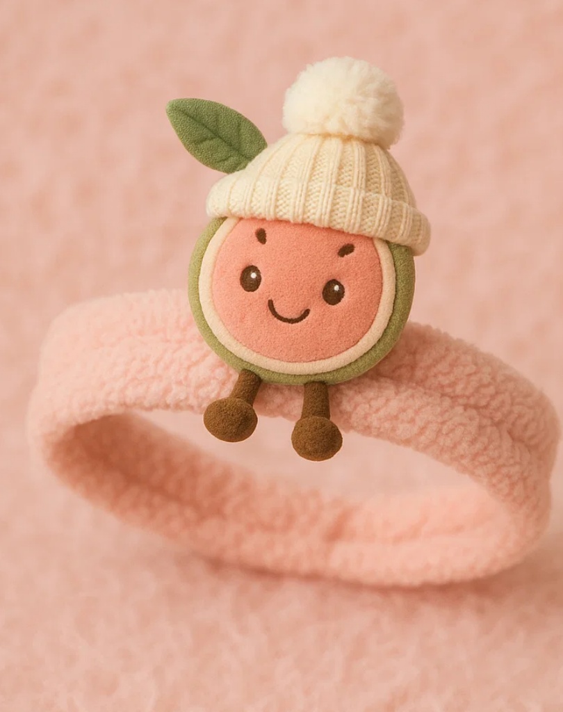 Rosa Obst-Plüsch-Baby-Stirnband mit grünem Blatt – Niedliches Cartoon-Haaraccessoire für Babys
