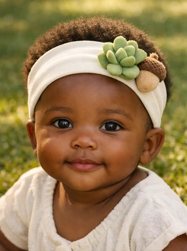 Forest Theme Succulent & Acorn Baby Headband – Soft Stretch Infant Hairband for Bulk Buyers