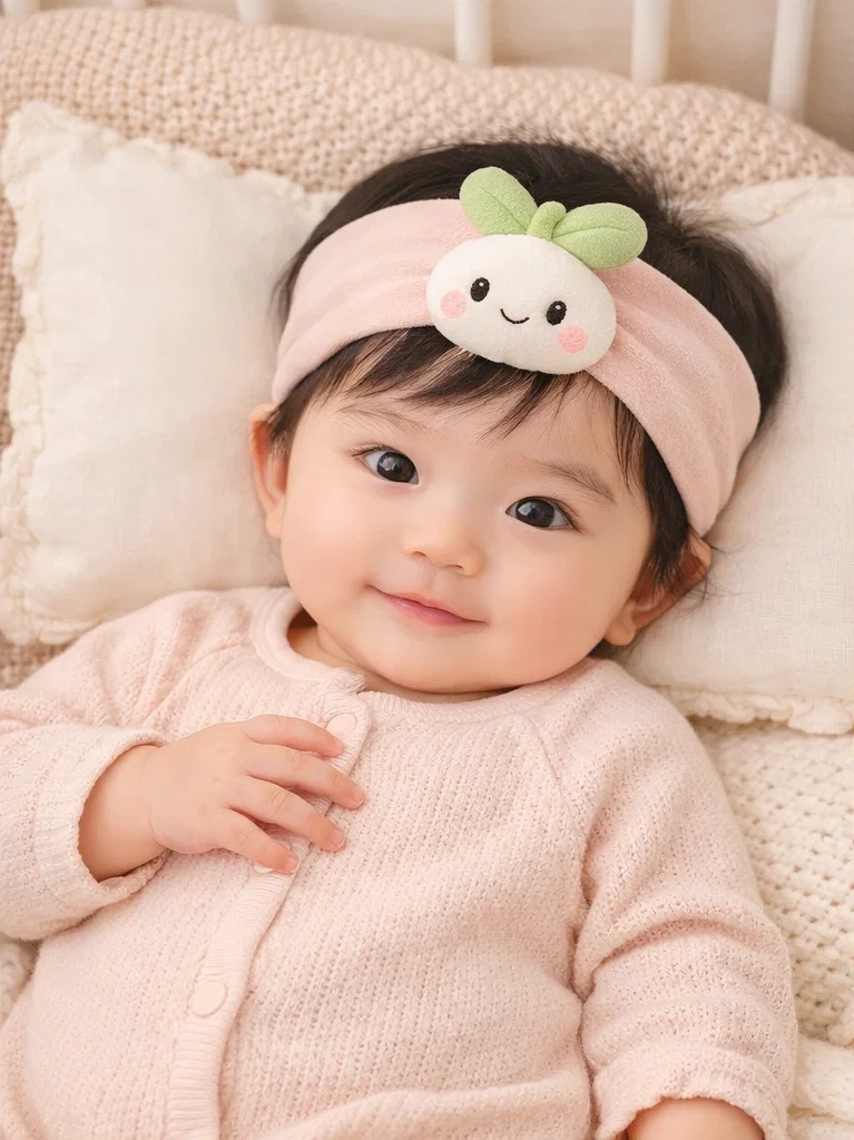 Bandeau bébé rose en peluche avec poupée pousse pour vente en gros – accessoire cadeau doux pour marque privée