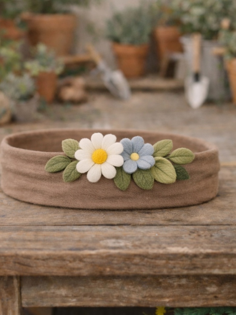 Double Daisy Baby Headband – Soft Brown Band with Felt Flowers