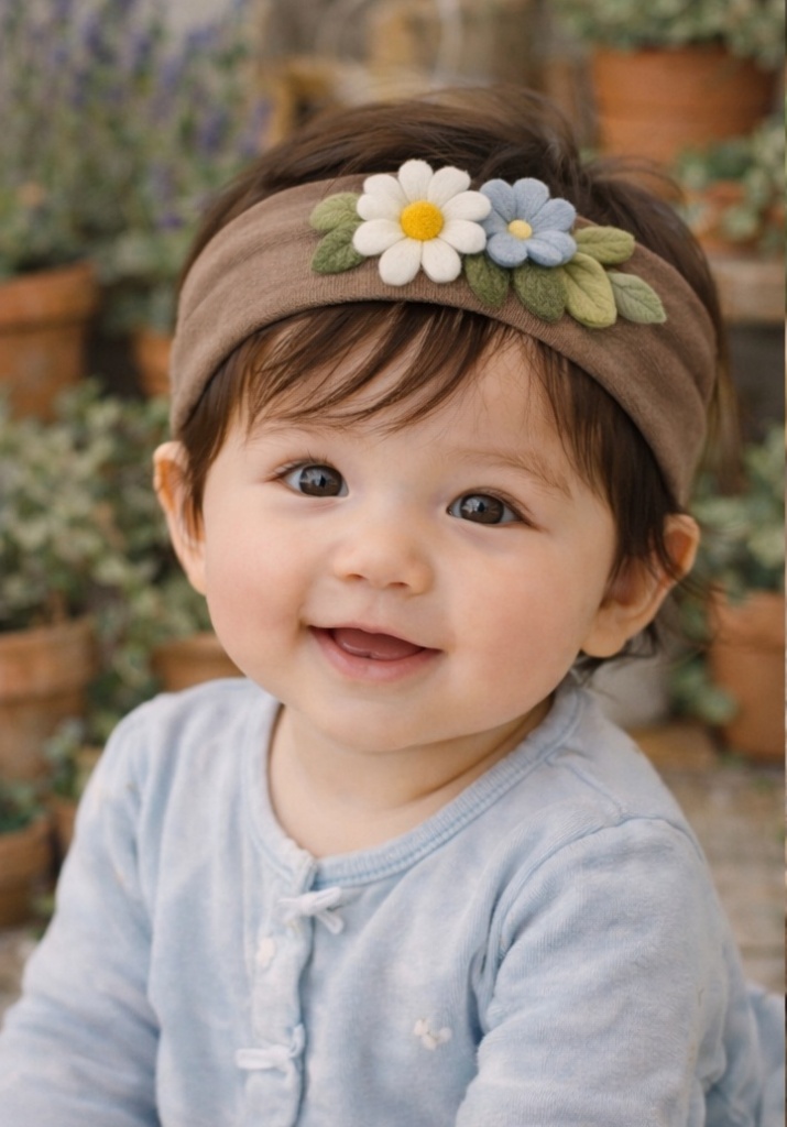 Double Daisy Baby Headband – Soft Brown Band with Felt Flowers