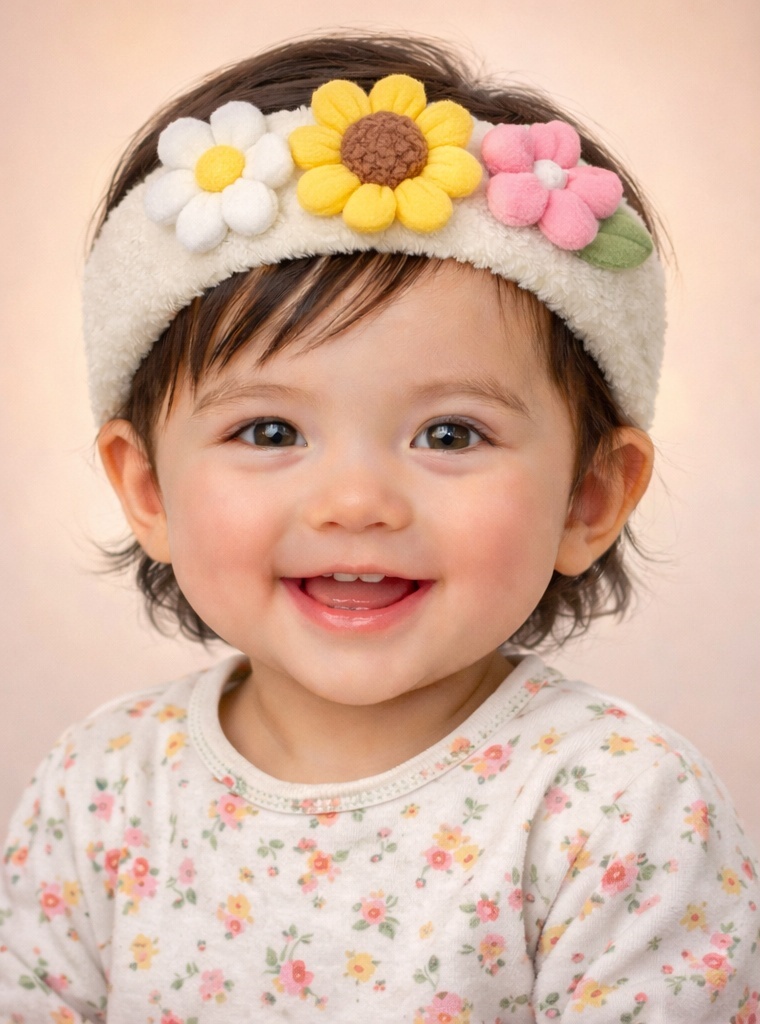Whimsical Baby Headband with Flowers and Mushroom Details – Soft and Comfortable for Babies