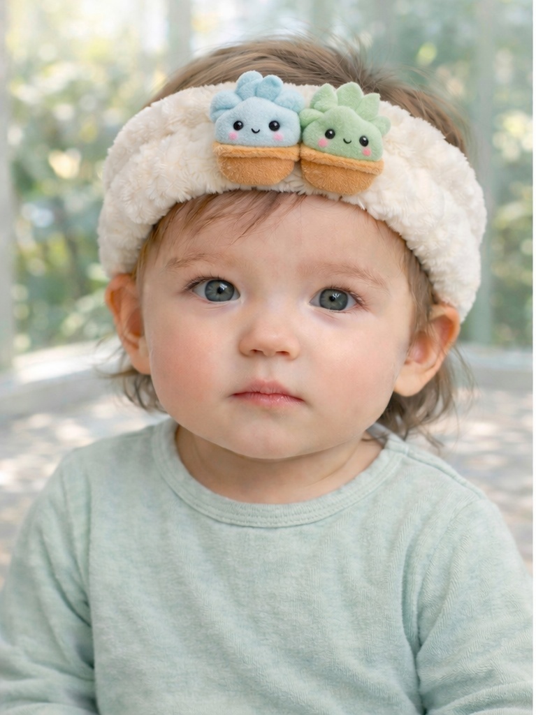 Bandeau bébé en peluche avec motifs végétaux en duo