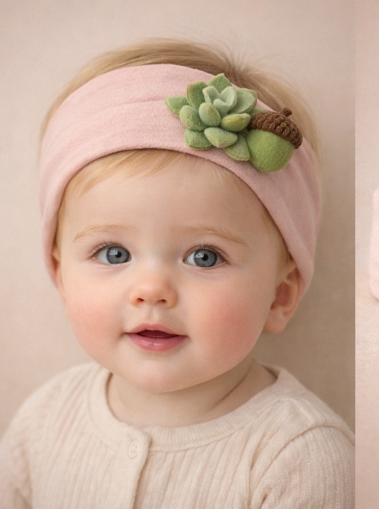 Faixa de Cabelo para Bebê com Boneca de Pelúcia (Tema: Suculenta + Bolota) | Atacado OEM/ODM