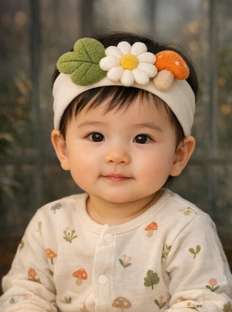 Großhandels-Baby-Stirnband mit Kleeblatt, Gänseblümchen und Pilz – weiches florales Baby-Haarband für B2B-Käufer