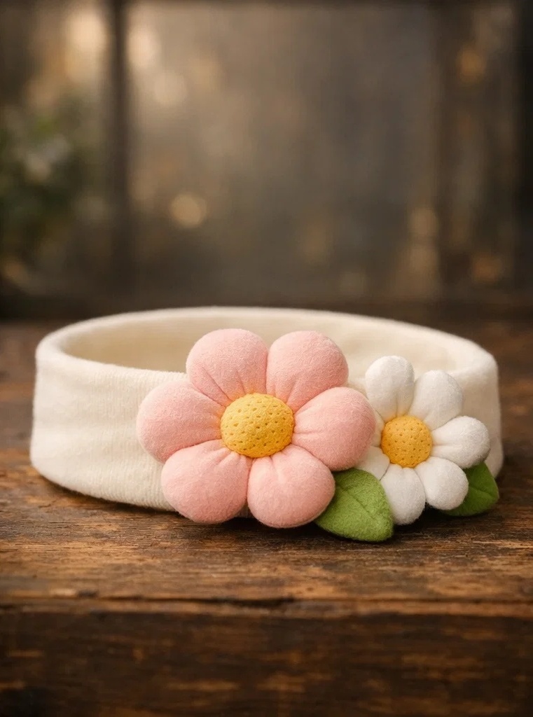 Faixa de cabelo para bebé por atacado com flores rosa e branca – acessório macio floral para compradores B2B