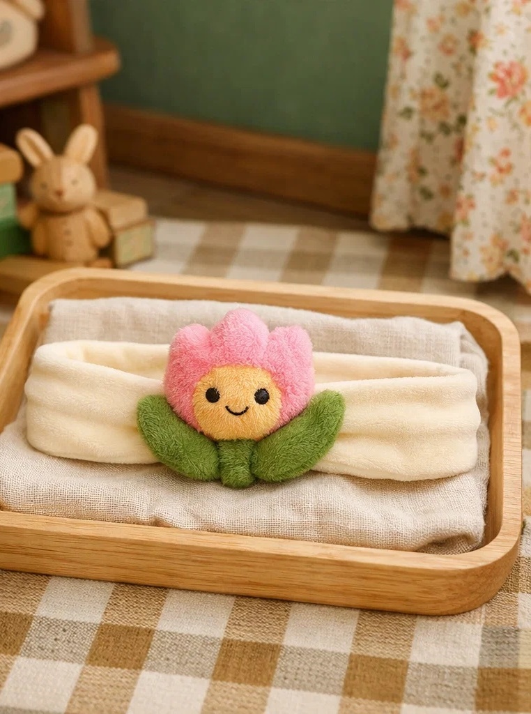 Bandeau bébé avec tulipe peluche rose – un modèle gagnant pour grossistes et boutiques naissance