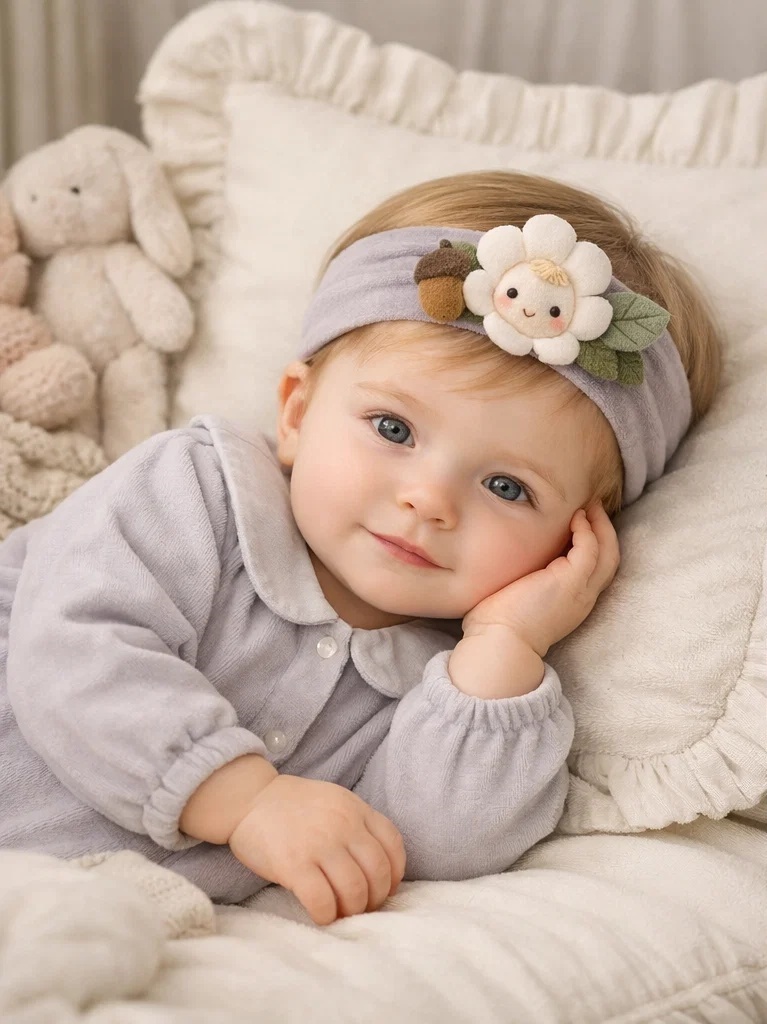 Bandeau bébé avec poupée fleur en peluche et gland pour vente en gros – accessoire boutique doux pour marque privée