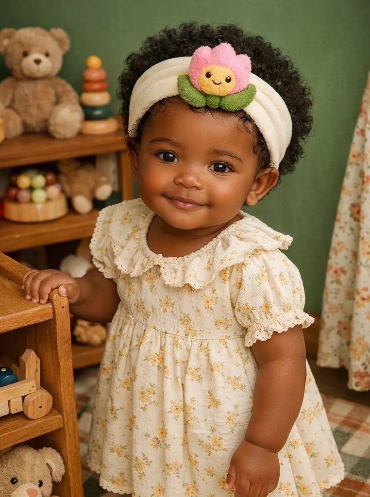 Bandeau bébé avec tulipe peluche rose – un modèle gagnant pour grossistes et boutiques naissance