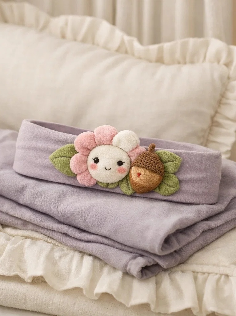 Baby-Stirnband mit Blumenpuppe und Eichel-Detail für den Großhandel – sanftes Boutique-Accessoire für Private Label