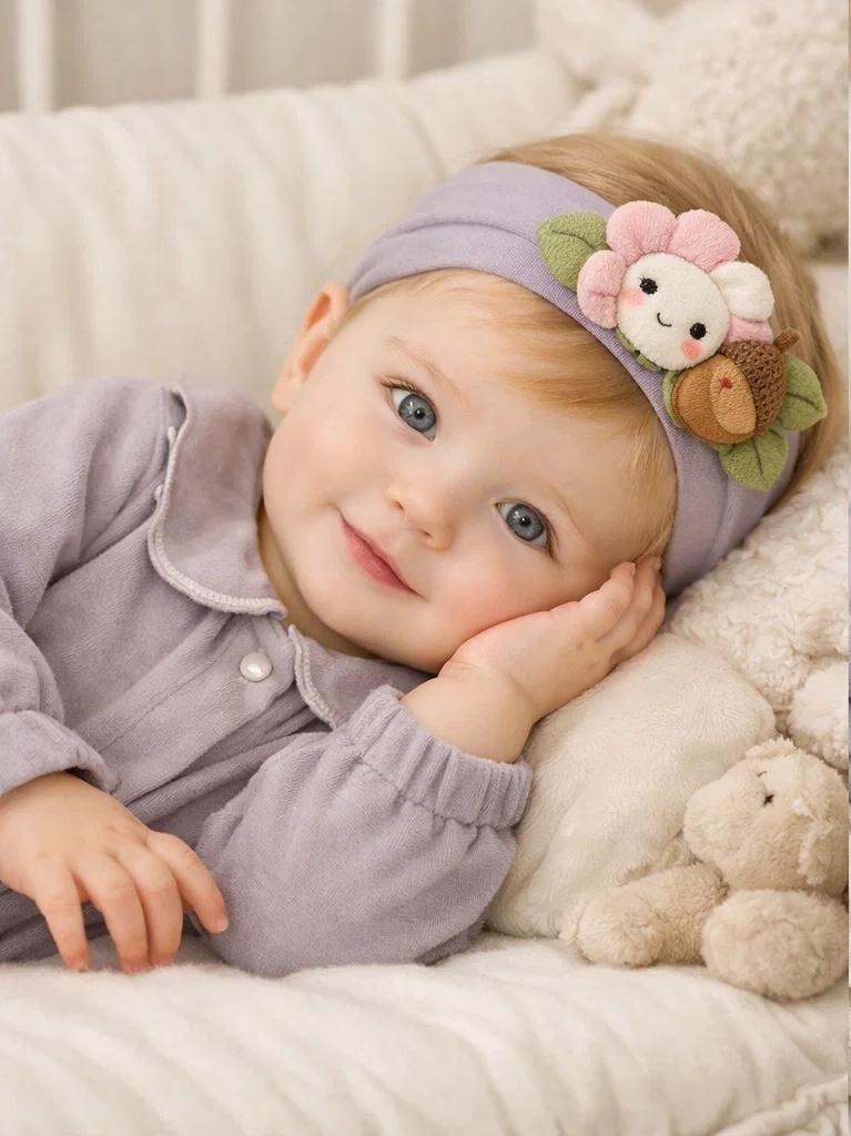 Baby-Stirnband mit Blumenpuppe und Eichel-Detail für den Großhandel – sanftes Boutique-Accessoire für Private Label