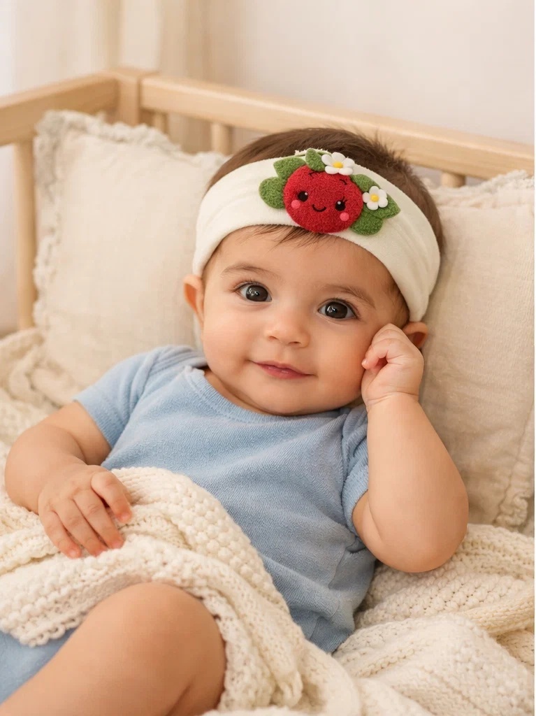 Faixa de cabelo para bebê com boneca morango de pelúcia para atacado – acessório suave para boutique com marca própria