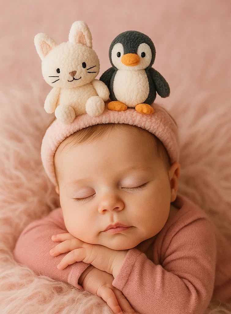 Plush Penguin & Cat Baby Headband – Cute Cartoon Newborn Infant Hair Accessory