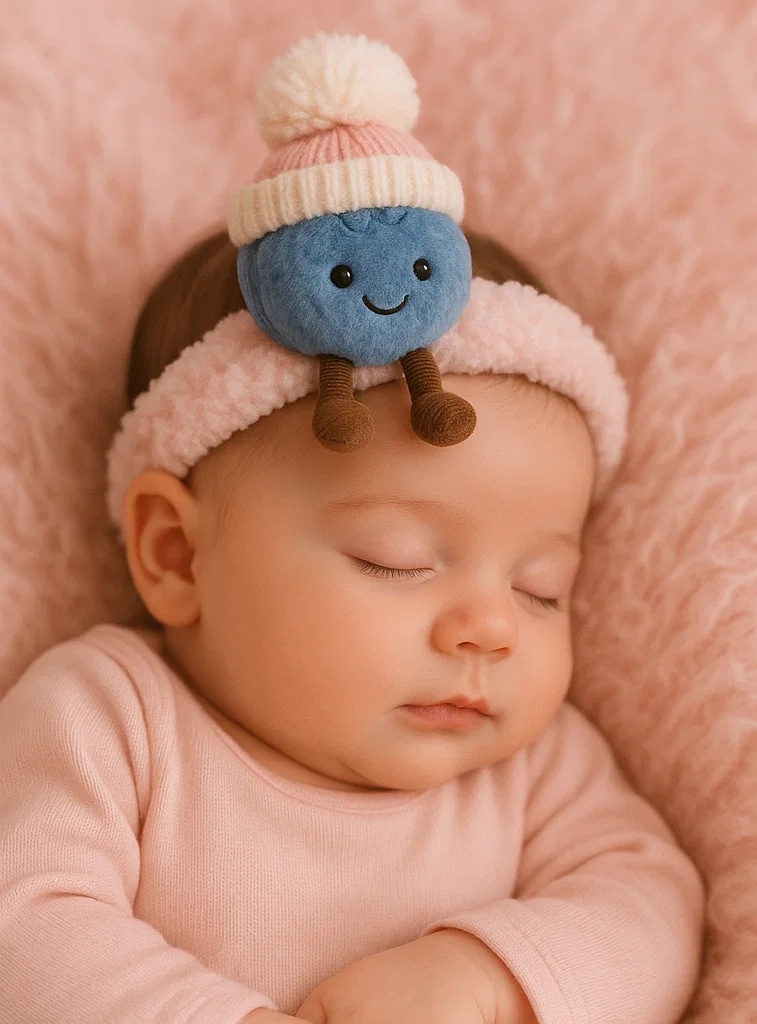 Blue Plush Doll Baby Headband with Winter Hat – Soft and Cute Infant Hair Accessory