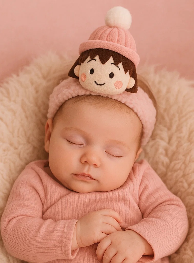 Bandeau bébé en peluche avec petite fille en robe rouge – Accessoire capillaire mignon pour un usage quotidien et les séances photo