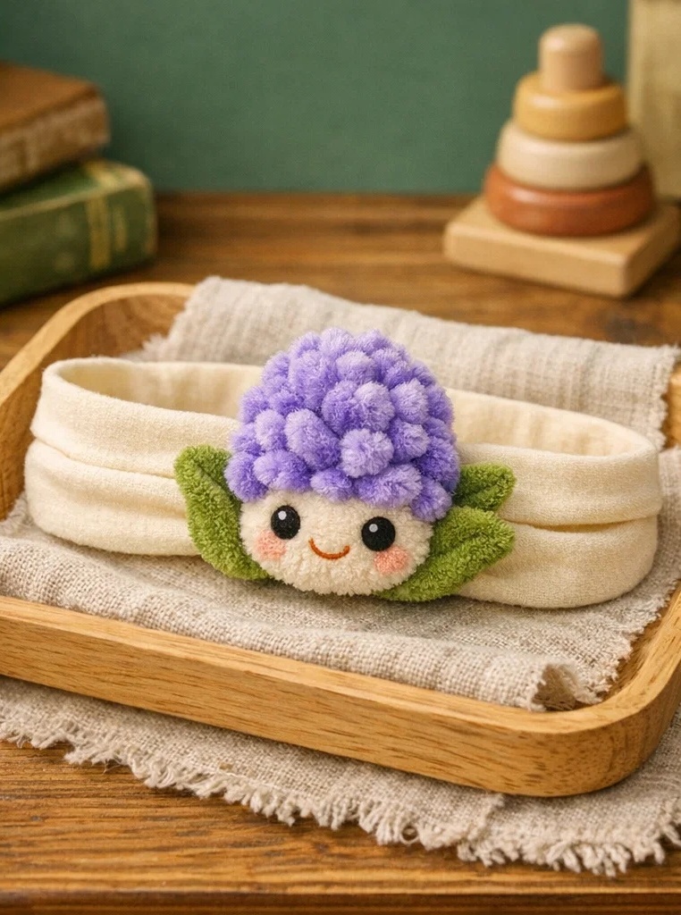 Bandeau bébé avec fleur violette en peluche – un article gagnant pour grossistes et concept stores